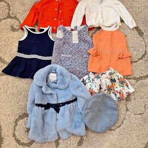 Janie and Jack Girls Mixed Outfit Bundle with Blue Faux Fur Coat & Beret